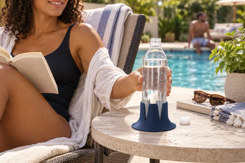 Poolside reader water in clear plastic bottle on dry level side table outside wet walkway. AI lifestyle illustration.